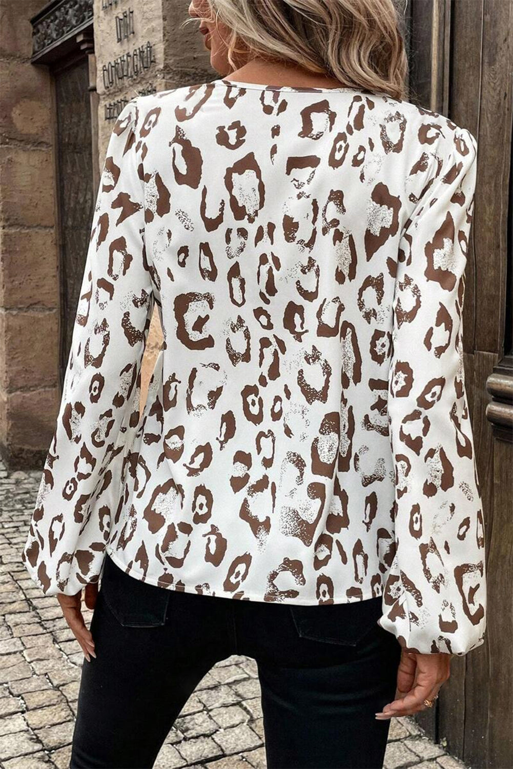 Leopard Print Split Neck Balloon Sleeve Blouse | Khaki