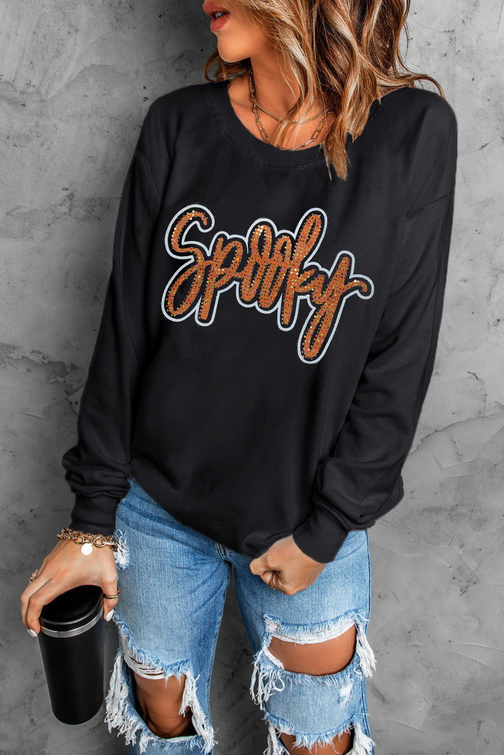 Spooky Rhinestone Drop Shoulder Graphic Sweatshirt | Black