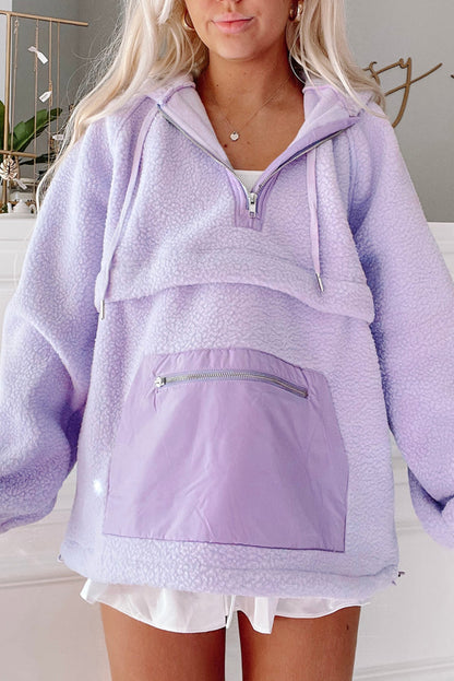 Zipped Patch Pocket Fuzzy Drawstring Hoodie | Lavendula