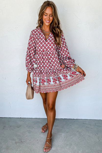 Boho Tassel Tie Split Neck Puff Sleeve Mini Dress | Rose Red