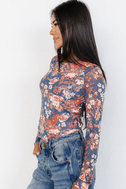 Floral Print Mesh Fitted Long Sleeve Top | Orchid Petal