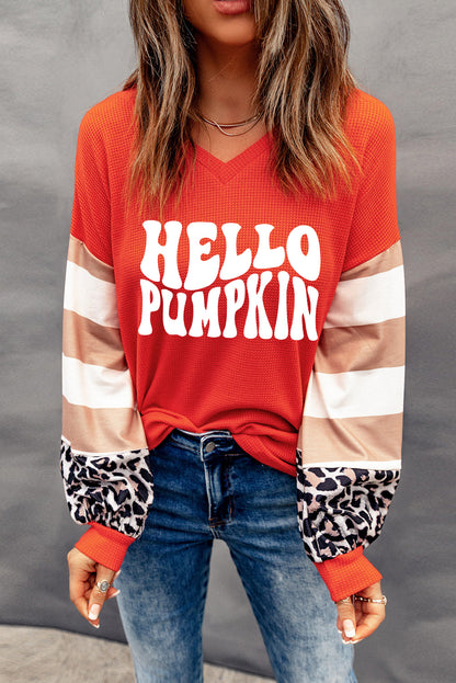 Hello Pumpkin Graphic Leopard Striped Colourblock Sleeve V Neck Top | Red