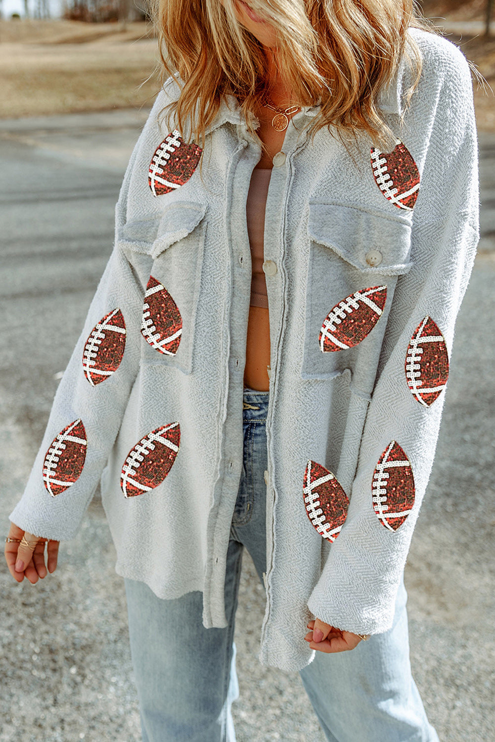 Sequined Rugby Flap Pockets Buttoned Shacket | Gray