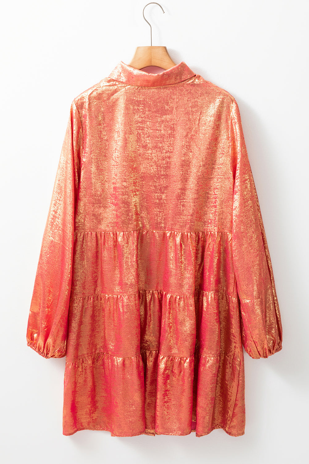 Metallic Sheen Puff Sleeve Button Up Mini Shirt Dress | Peach Blossom