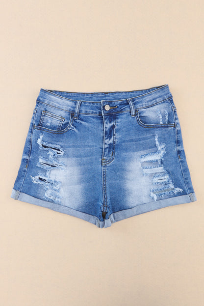 Vintage Distressed High Waist Pocket Denim Shorts | Sky Blue