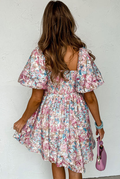 Floral Puff Sleeve Square Neck Smock Ruffled Dress | Pink