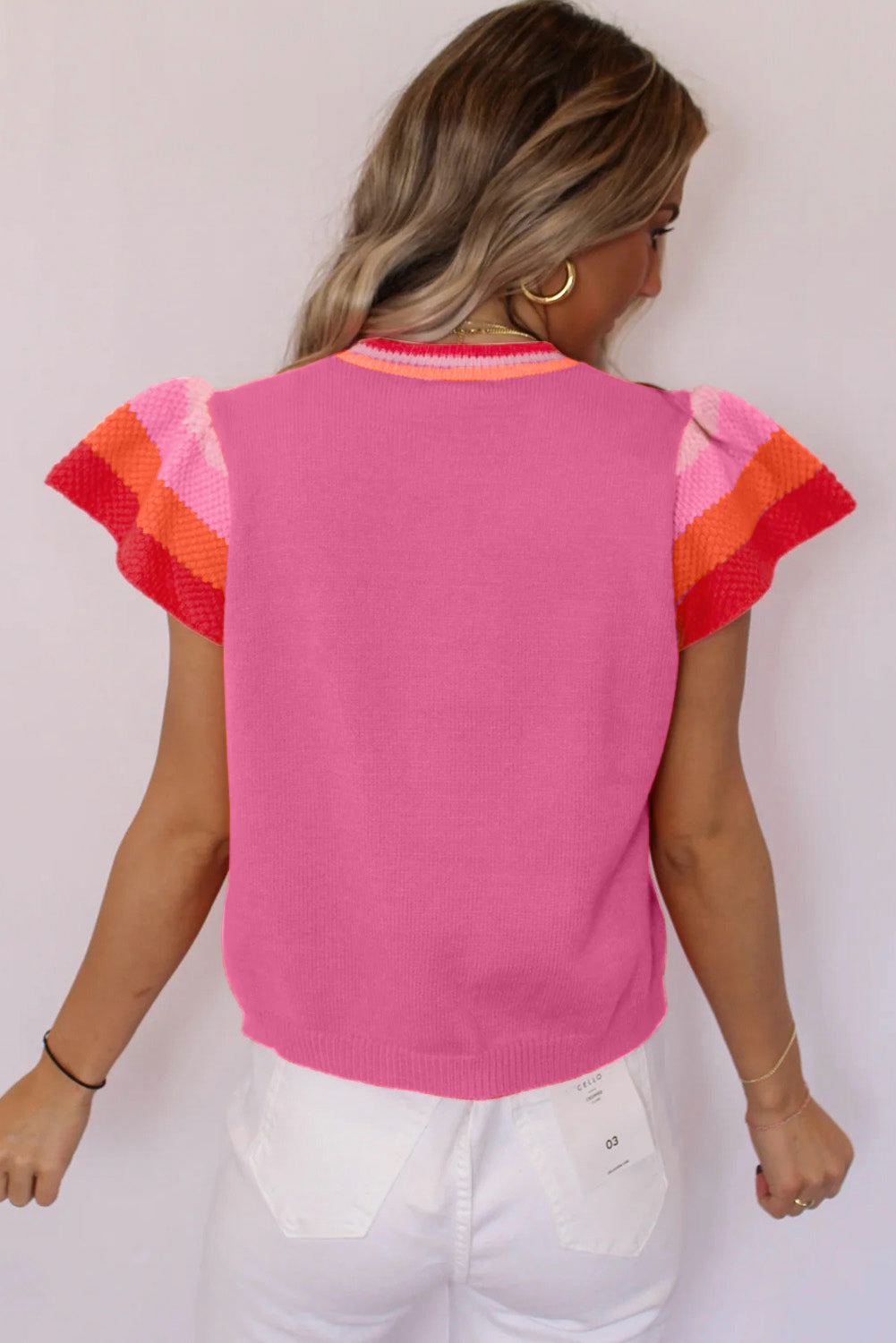 Contrast Flutter Sleeves Knitted Sweater T Shirt | Bright Pink