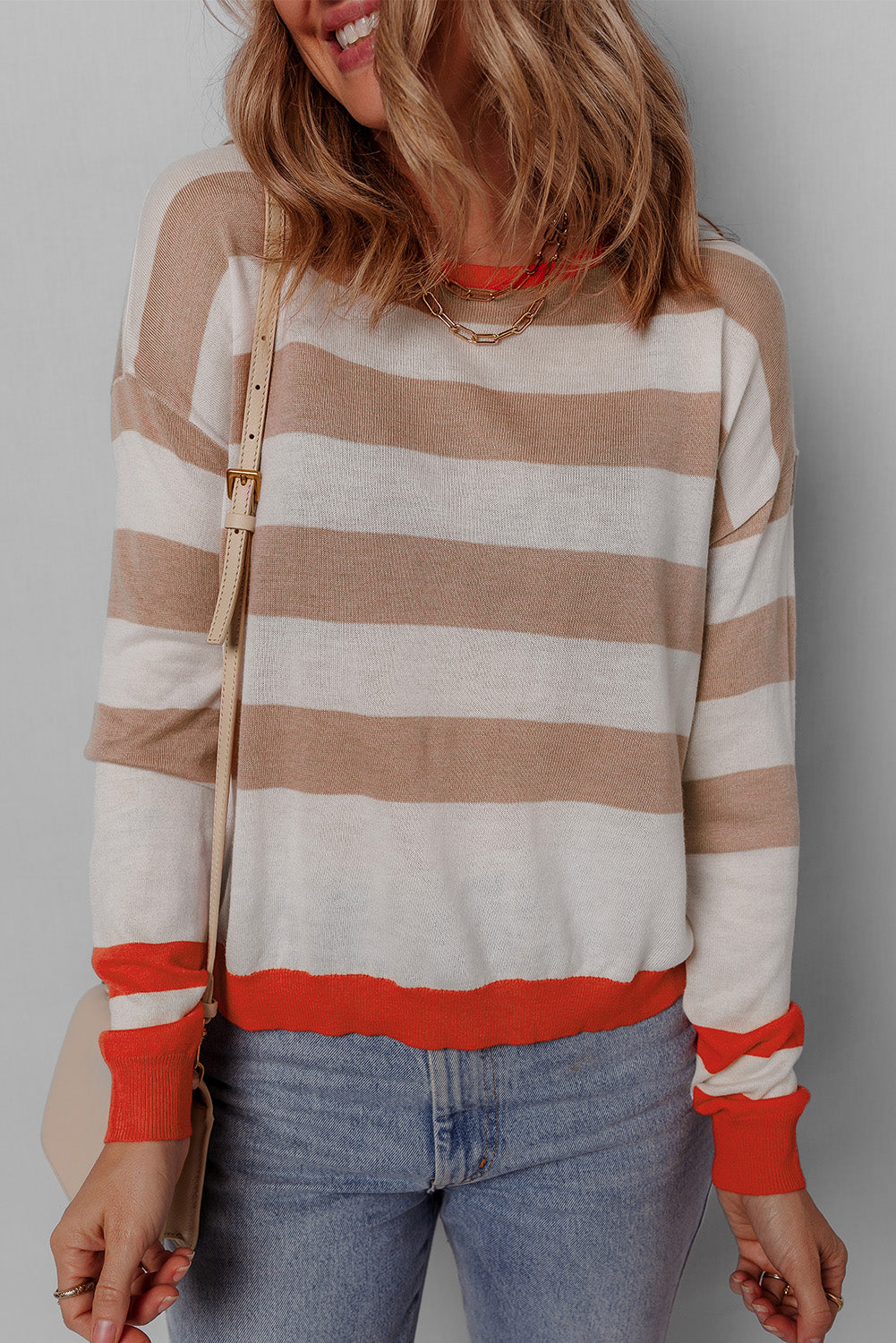 Colourblock Striped Round Neck Drop Shoulder Sweater | Apricot