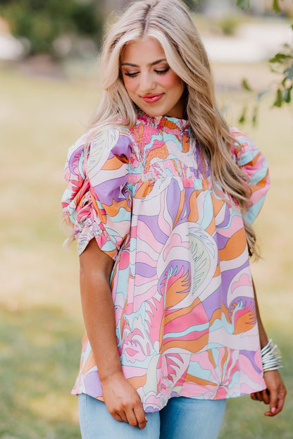 Abstract Print Bubble Sleeve Smock Detail Blouse | Pink