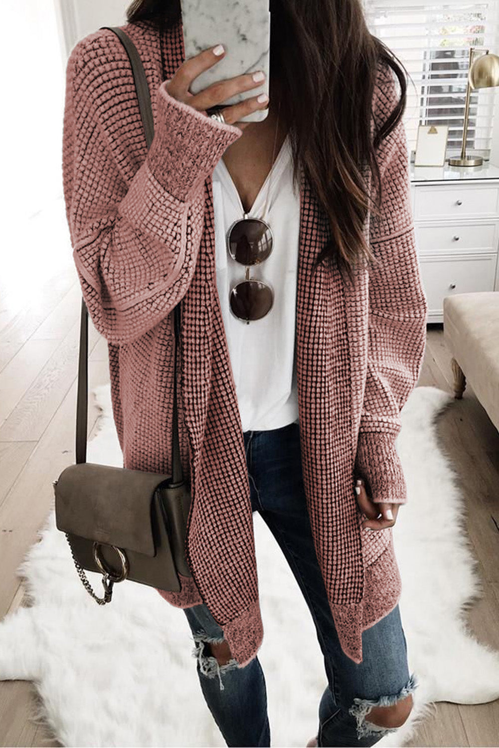 Pink Plaid Knitted Long Open Front Cardigan