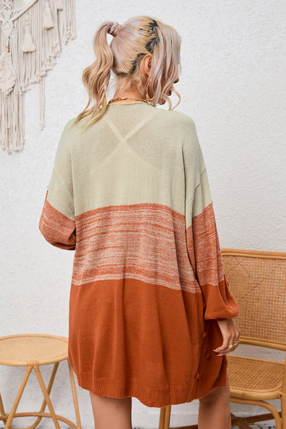 Pompom Colour Block Open Front Cardigan | Brown