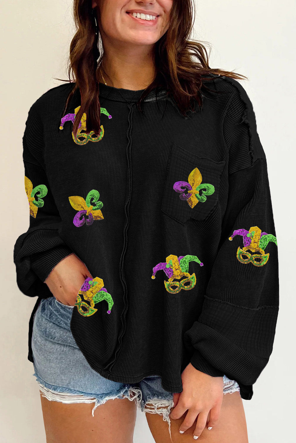 Black Plus Size Mardi Gras Patch Crinkle Patchwork Top