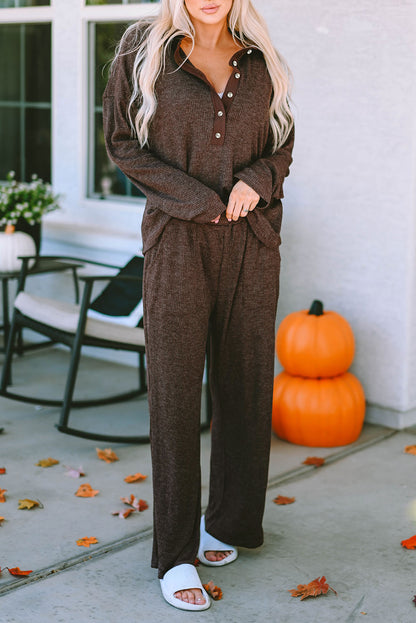 Ribbed Knit Collared Henley Top And Pants Lounge Outfit | Brown