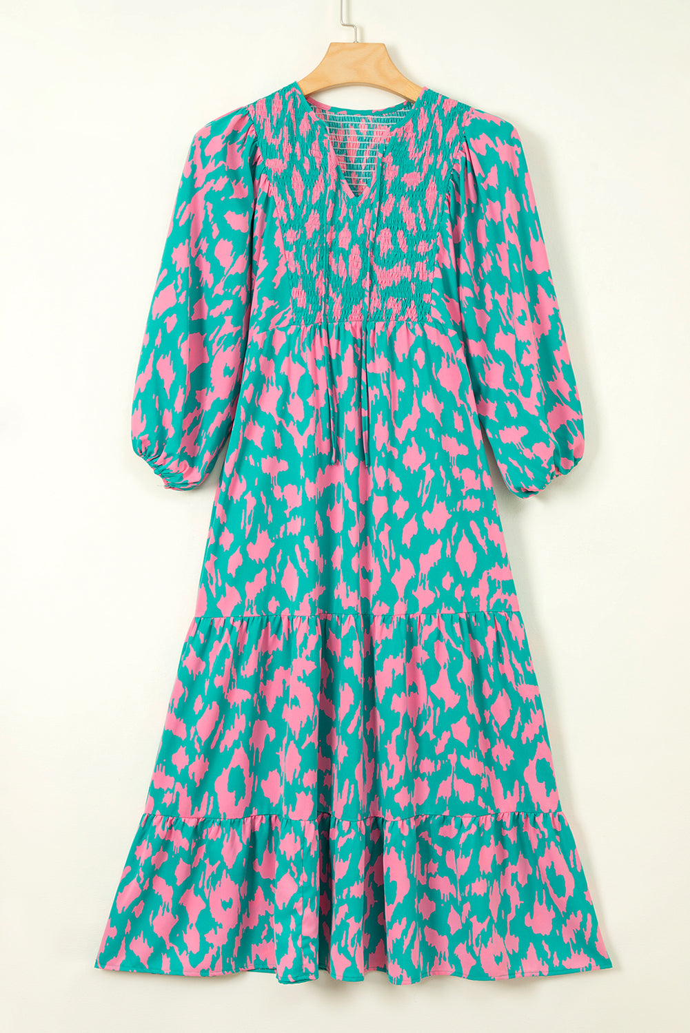 Abstract Print Puff Sleeve Tied Notched Neck Long Dress | Green