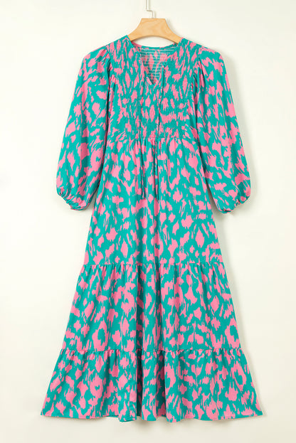 Abstract Print Puff Sleeve Tied Notched Neck Long Dress | Green