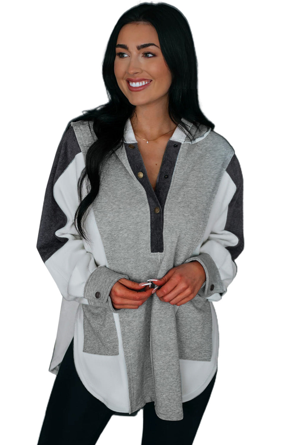 Colour Block Exposed Seam Buttoned Neckline Hoodie | Gray