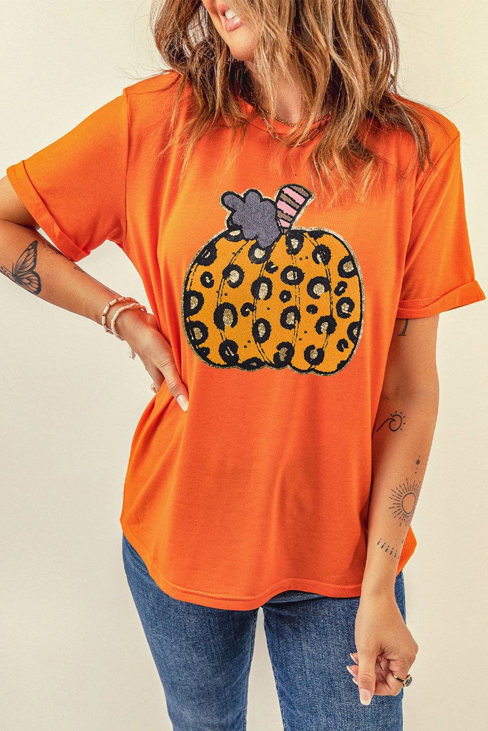 Halloween Leopard Pumpkin Crew Neck Graphic Tee | Orange