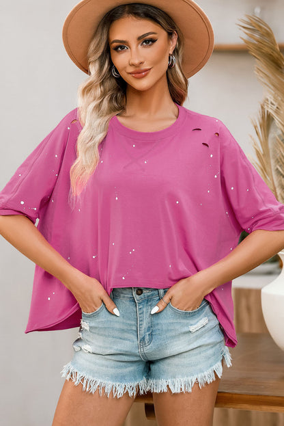 Distressed Bleached Asymmetric Hem Short Sleeve Top | Pink