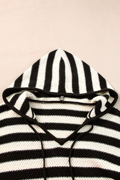 V Neck Pocketed Drawstring Hooded Sweater | White Stripe