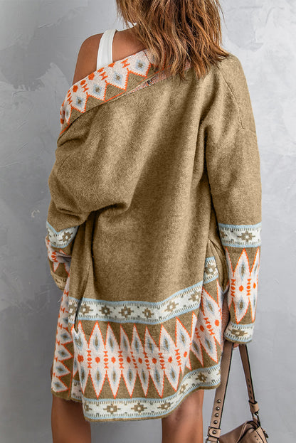 Aztec Print Open Front Knitted Cardigan | Khaki