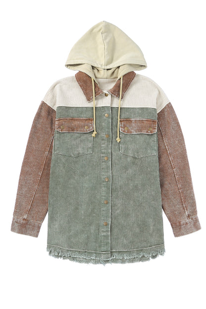 Colour Block Button Down Hooded Corduroy Jacket | Green