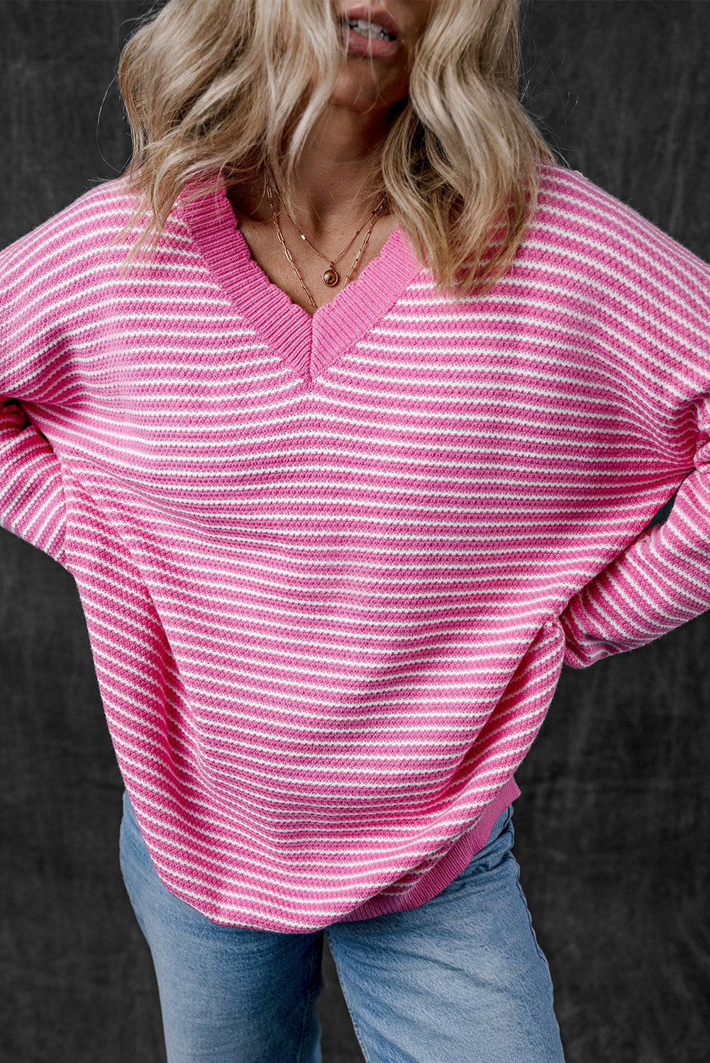 Striped Scallop V Neck Loose Sweater With Slits | Pink