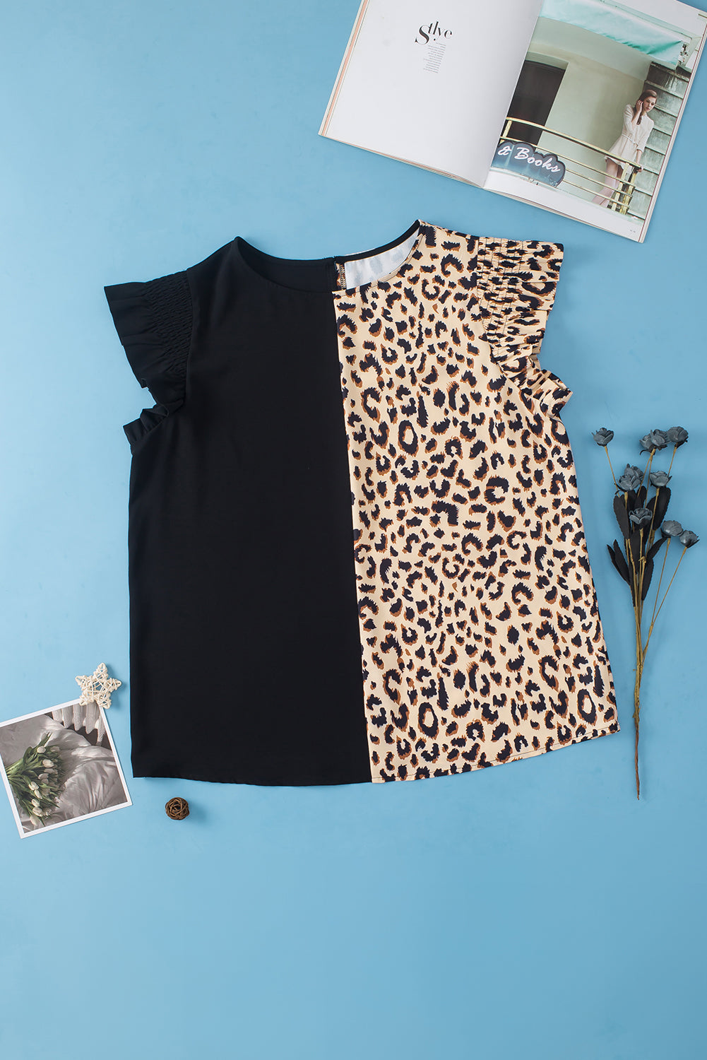 Leopard Contrast Block Flutter Sleeve Plus Size Top | Black