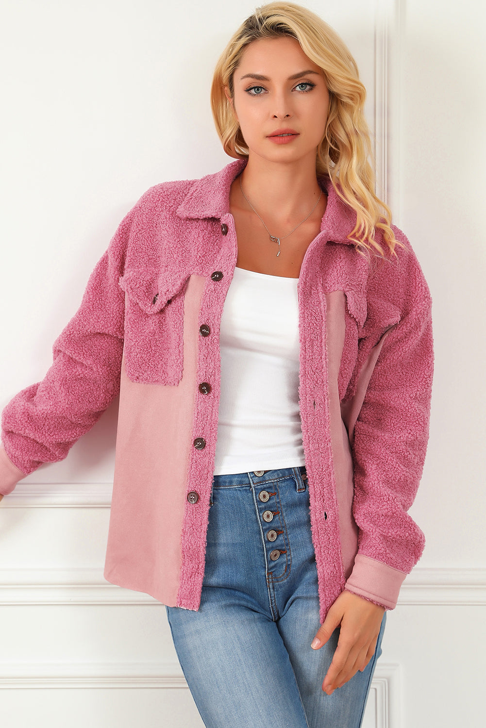 Colourblock Buttoned Flap Pocket Sherpa Shacket | Pink