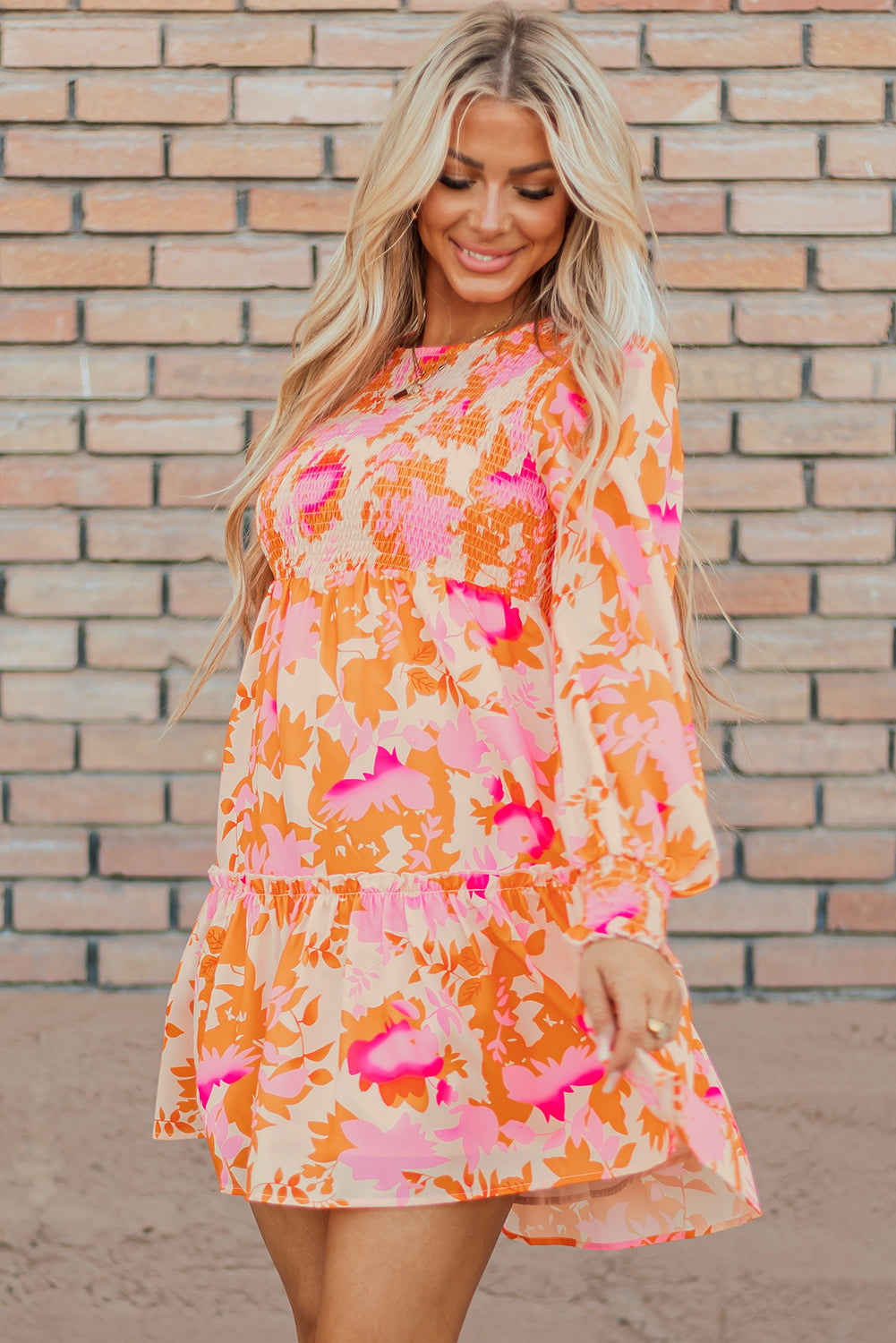 Abstract Print Smocked Lantern Sleeve Ruffle Mini Dress | Orange