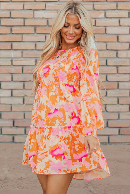 Abstract Print Smocked Lantern Sleeve Ruffle Mini Dress | Orange