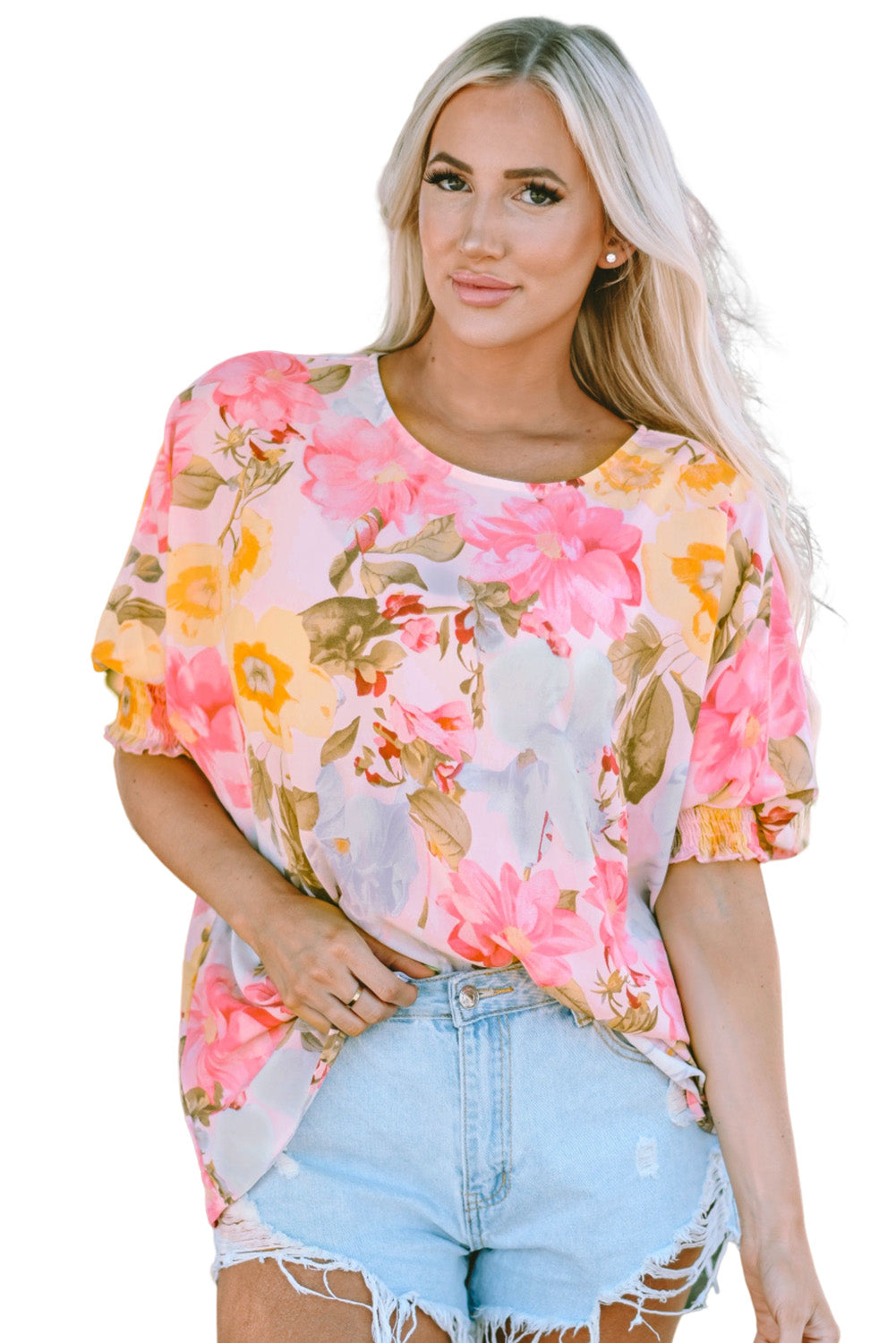 Shirred Cuff 3/4 Sleeve Loose Fit Floral Blouse | Pink