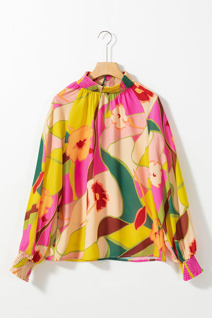 Floral Print Smocked Hem Stand Neck Blouse | Multicolour