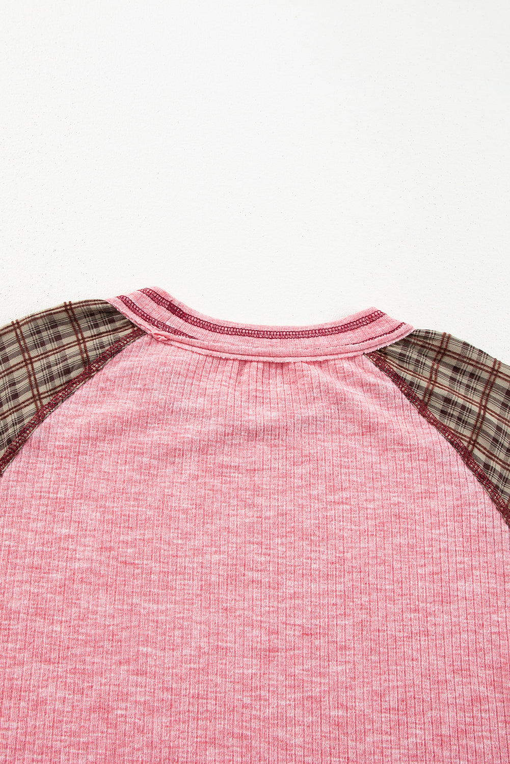 Mixed Print Raglan Sleeve Ribbed Knit Patchwork Blouse | Fushia