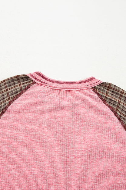 Mixed Print Raglan Sleeve Ribbed Knit Patchwork Blouse | Fushia