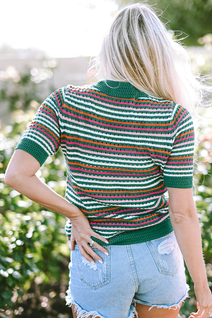 Striped Pattern Contrast Trim Pointelle Knit T Shirt | Dark Green