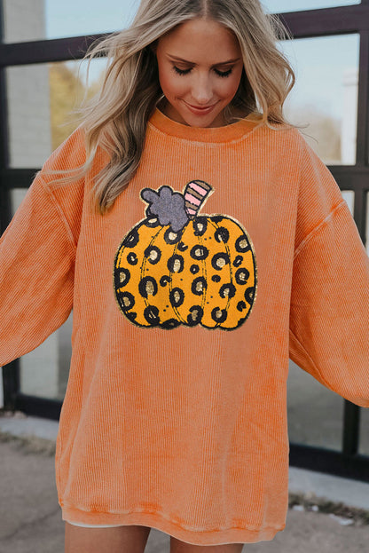 Halloween Leopard Pumpkin Patchwork Ribbed Sweatshirt | Orange