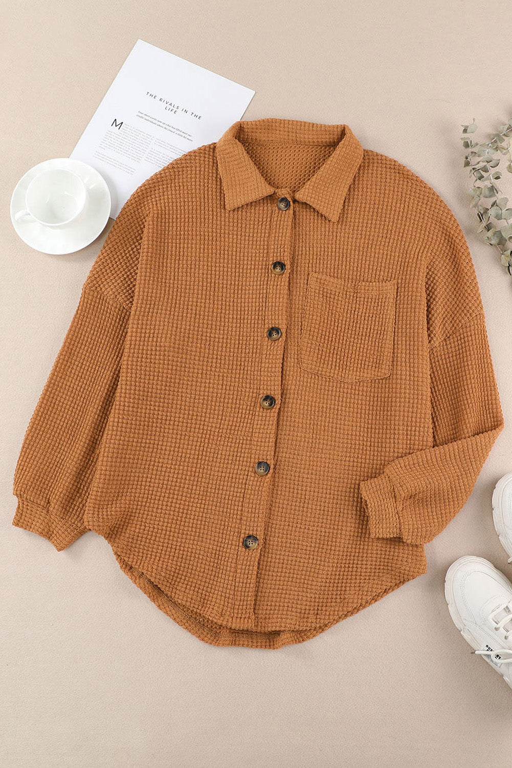 Waffle Knit Button Up Casual Shirt | Brown