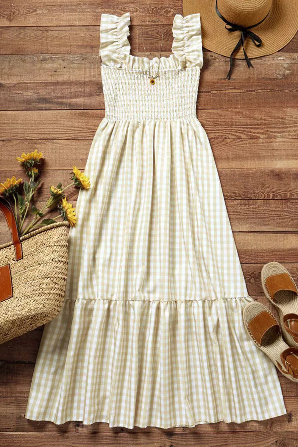 Plaid Ruffled Sleeve Smocked Maxi Dress | Khaki