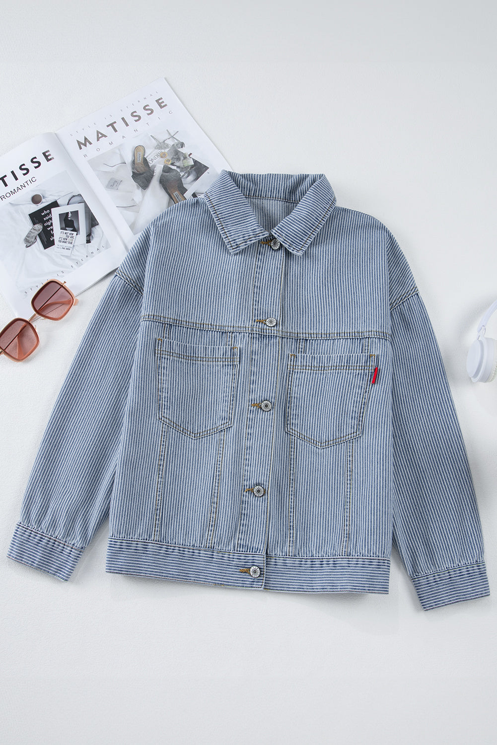 Washed Oversize Pocketed Denim Jacket | Sky Blue Stripe