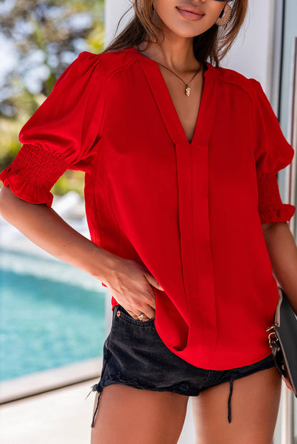 Fiery  Solid Colour Half Sleeve V Neck Blouse | Red