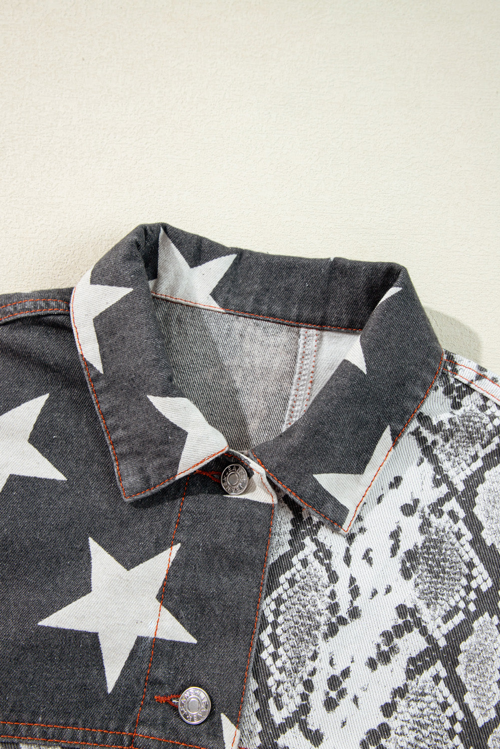 Star Snakeskin Printed Patchwork Denim Jacket | Black