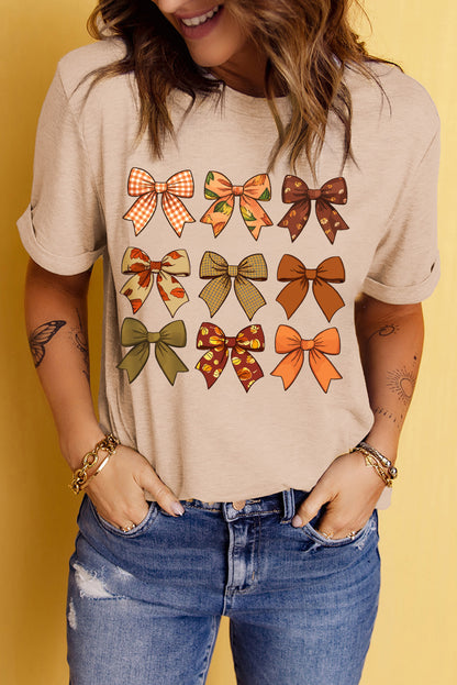 Halloween Fall Bowknot Graphic Short Sleeve Top | Khaki