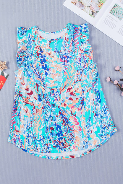 floral Print Tank Top With Ruffles | Sky Blue