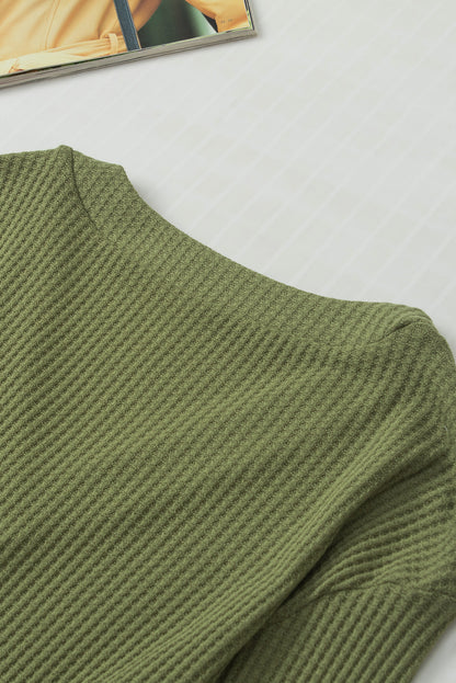 Textured Knit V Neck Button Cuffs Long Sleeve Top | Jungle Green