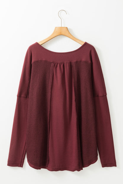 Waffle Ribbed Knit Patchwork Henley Top | Red Dahlia