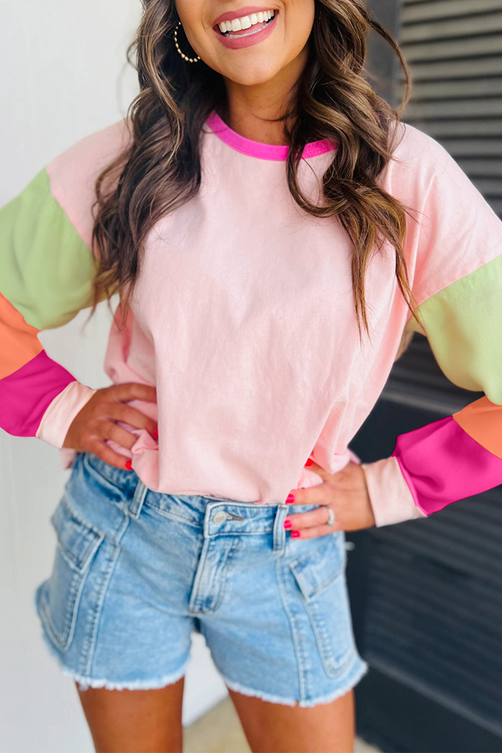 Colourblock Patchwork Long Sleeve Loose Top | Pink