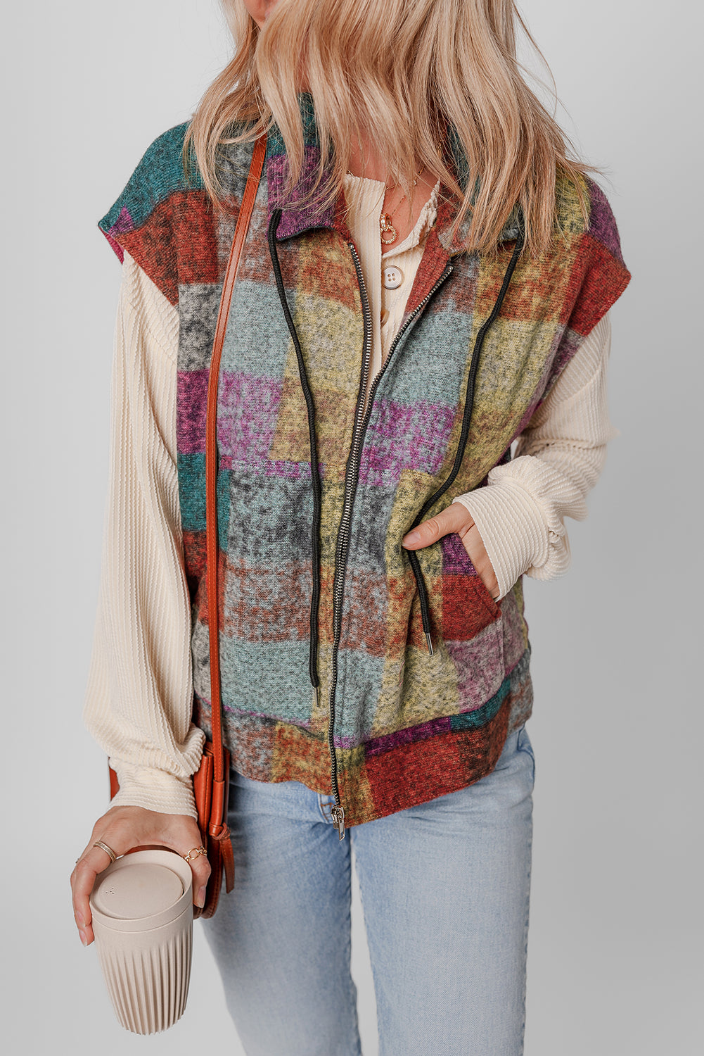 Plaid Print Side Pockets Zipped Loose Vest | Multicolour