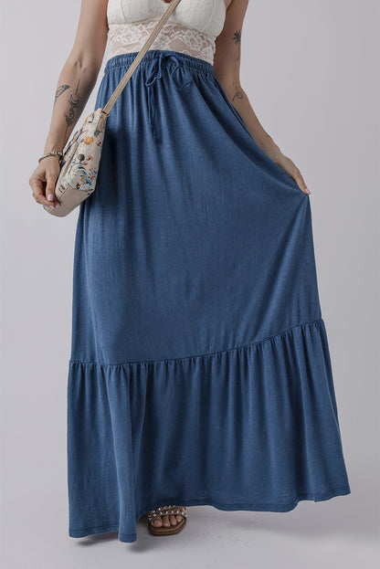 Solid Colour Lace Up High Waist Tiered Maxi Skirt | Sail Blue