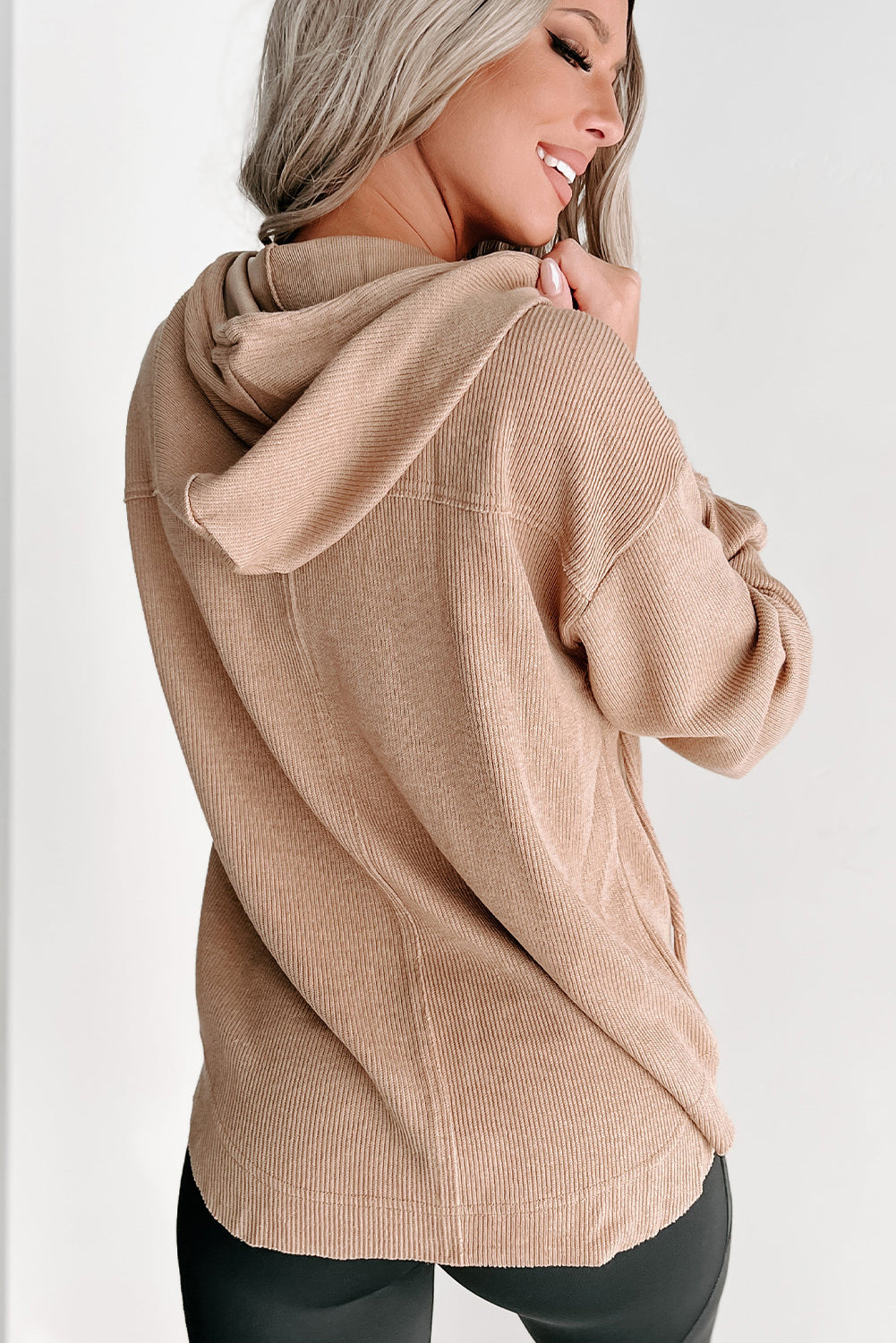 Buttoned V Neck Drawstring Knit Hoodie | Khaki