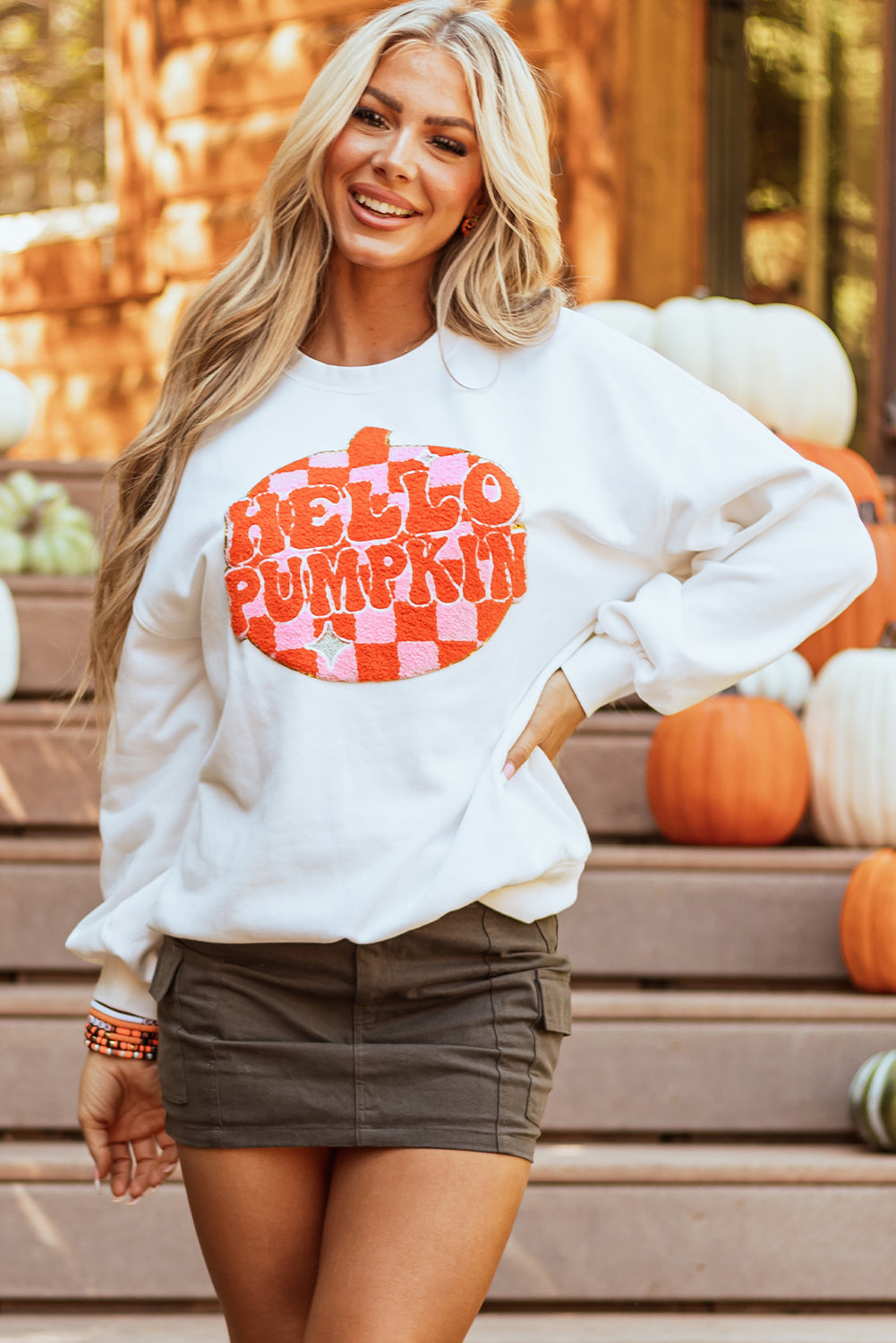 Terry Halloween Pumpkin Patched Pattern Pullover Sweatshirt | White